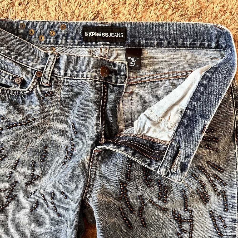 VTG Express Women's Jeans Sz 7 / 8 Denim Bronze Beads Mid Rise Bootcut Jeans Y2K - Picture 11 of 16